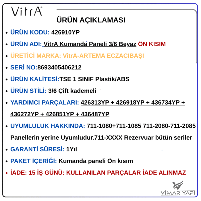 426910YP2222222 426910YP VitrA Kumanda Paneli 3/6 Beyaz (Ön kısım) - Görsel 4