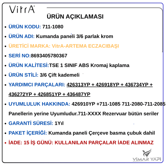 711-1080222222 711-1080 Kumanda Paneli Parlak Krom Tam set - Görsel 7