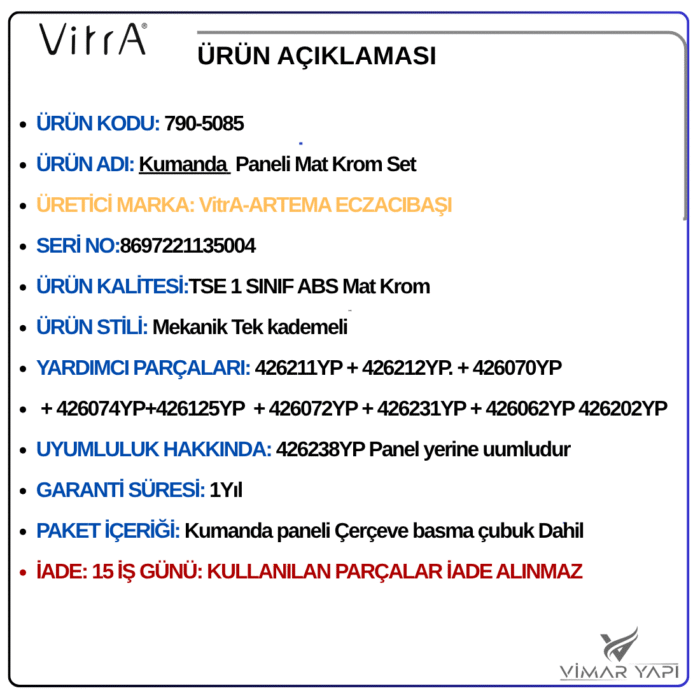 790-5085222222 790-5085 VitrA  Tek Basmalı Mat Krom Kumanda paneli (Set) - Görsel 8