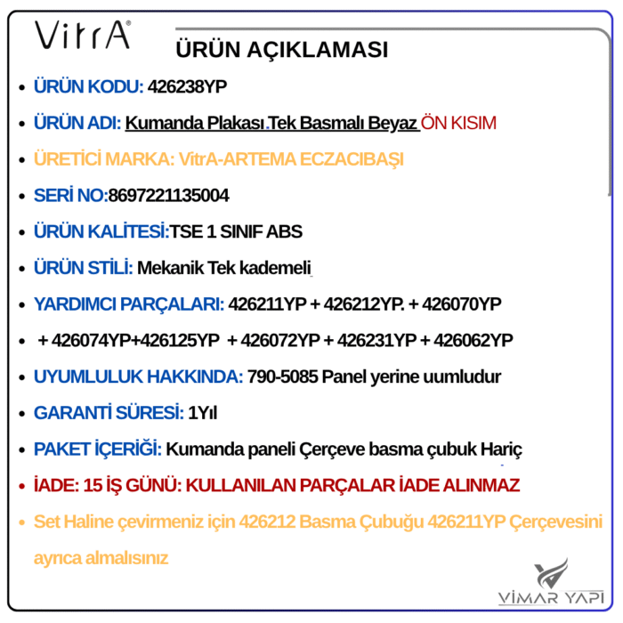 426238YP222222 426238YP VitrA Kumanda Panel Beyaz Ön Kısım - Görsel 6