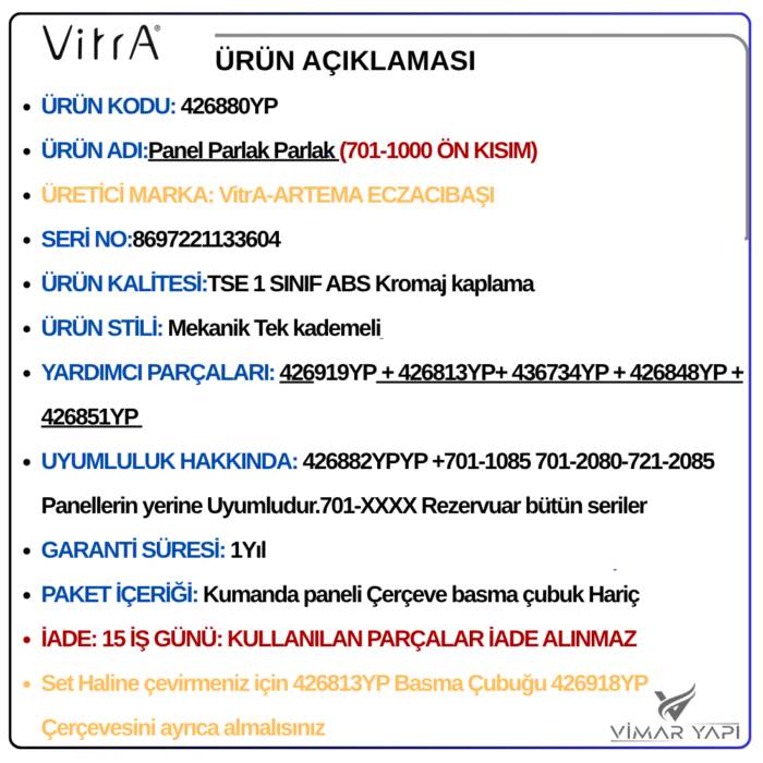 426880YP22222 426880YP VitrA Kumanda Paneli Ön Kısım Parlak Beyaz - Görsel 7