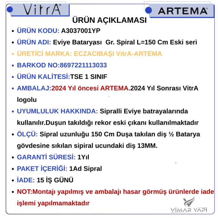 GÜNCEL TASARIM (1100 x 1100 piksel) (3) A3037001YP Eviye Bataryası  Gr. Spiral L=150 Cm Eski seri - Görsel 3