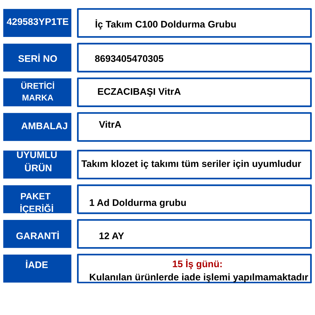 429583YP1TE İç Takım C100 Doldurma Grubu 1 429583YP1TE