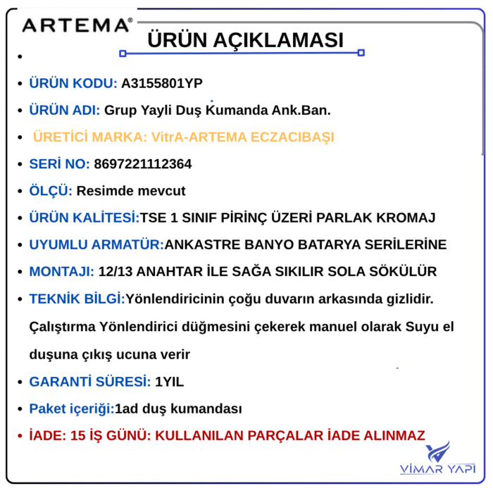 A3155801YP2 A3155801YP ARTEMA-Grup Yayli Duş Kumanda Ank.Ban. - Görsel 3