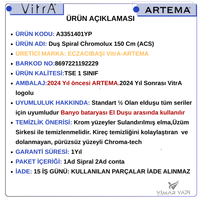 A3342101YP Duş Spiral Chromolux-150 Cm (ACS) - Görsel 4