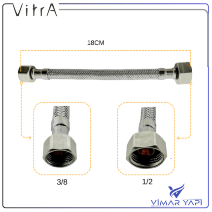 436731YP VitrA-1/2"x3/8" Çelik Örgülü Flex hortum 18 Cm