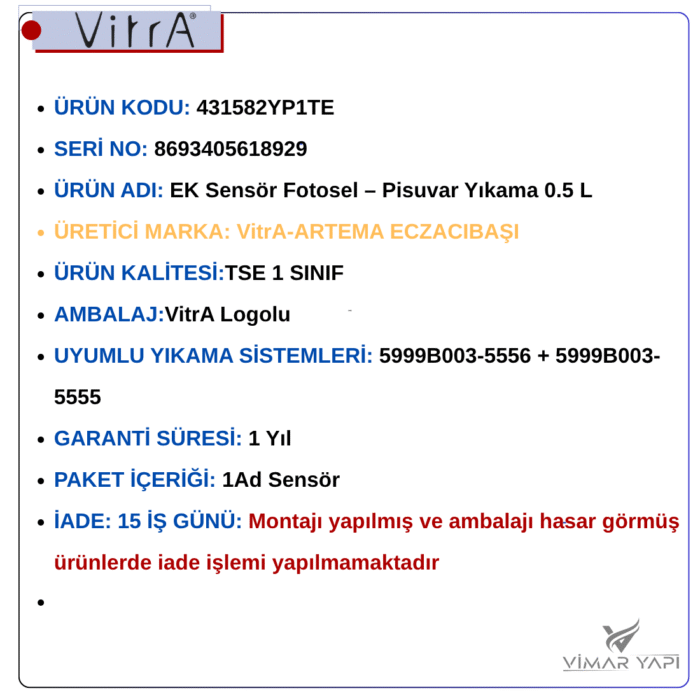 GÜNCEL TASARIM (1100 x 1100 piksel) 431582YP1TE VitrA-EK Fotosel - Pisuvar Yıkama 0.5 L - Görsel 4