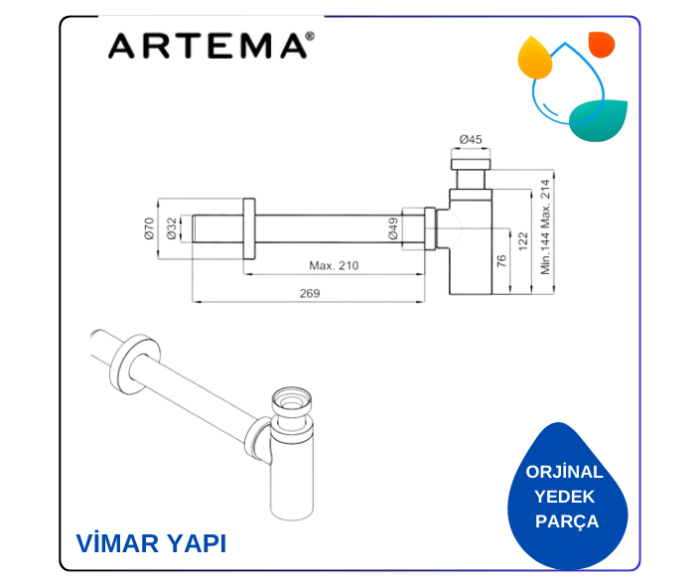 A45123 Lavabo sifonu (T tipi), krom - Görsel 2