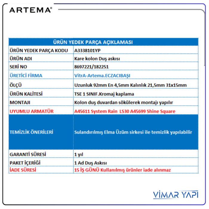 A3338101YP Askı  A45699 Kare Kolon Duş Uyumlu - Görsel 3
