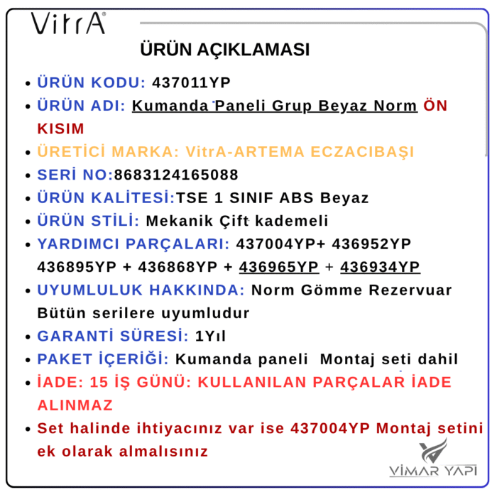 437011YP2222 437011YP VitrA Kumanda Panel Beyaz (Norm)Ön kısım. - Görsel 5