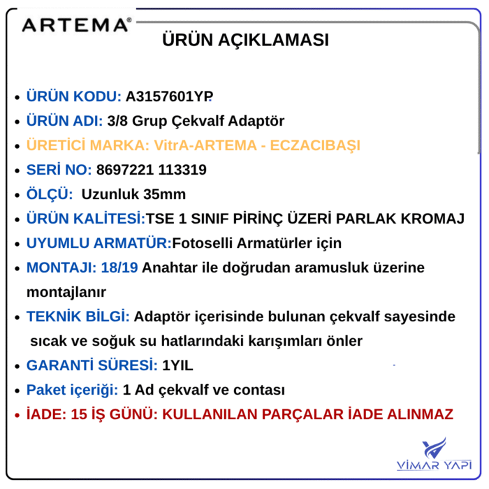 A3157601YP:3/8 Grup Çekvalf Adaptör - Görsel 3