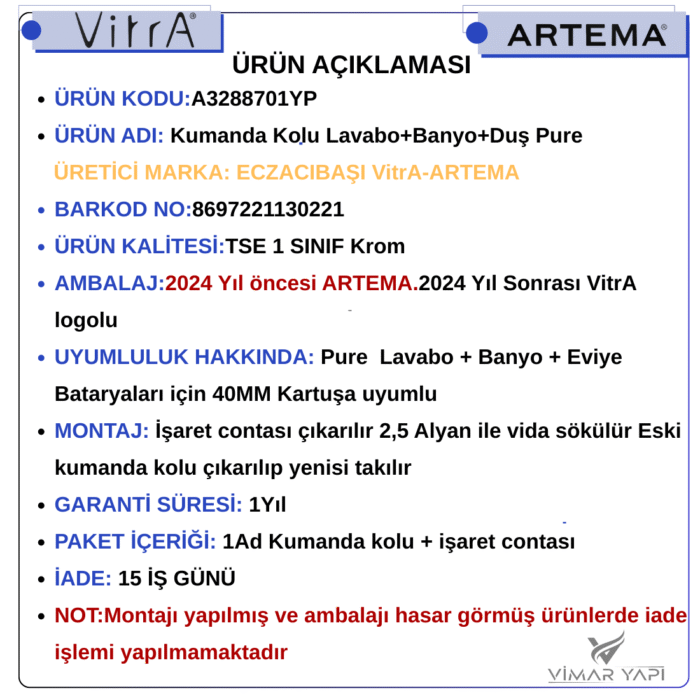 A3288701YP Kumanda Kolu Lavabo+Banyo+Duş Pure - Görsel 7