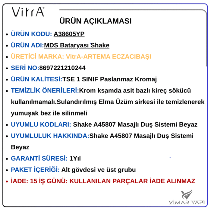 A38605YP MDS Bataryası Shake (A45807 Masajlı Duş Sistemi Beyaz) - Görsel 5