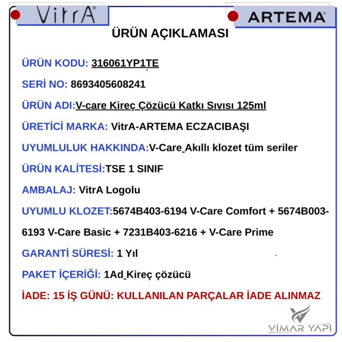 GÜNCEL TASARIM (1100 x 1100 piksel) (20) 316061YP1TE V-care Kireç Çözücü Katkı Sıvısı 125ml - Görsel 5