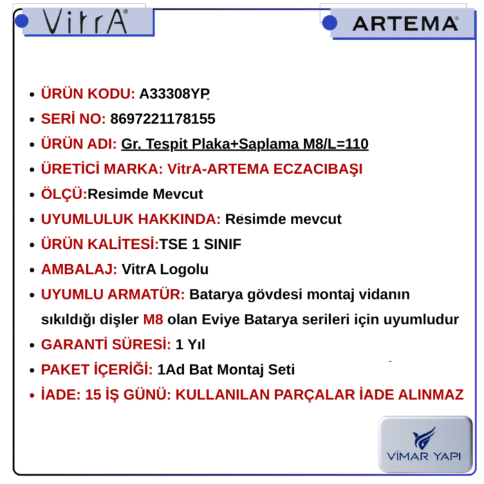 A33308YP Gr. Tespit Plaka+Saplama M8/L=110 - Görsel 4