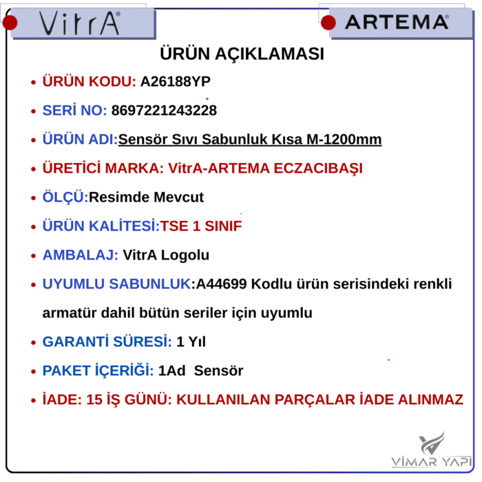 A26188YP Sensör Sıvı Sabunluk Kısa M.1200mm (A44699) - Görsel 4