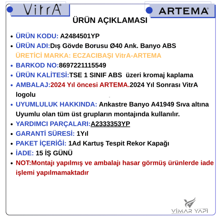 A2484501YP Dış Gövde Borusu Ø40 Ank. Banyo ABS - Görsel 5