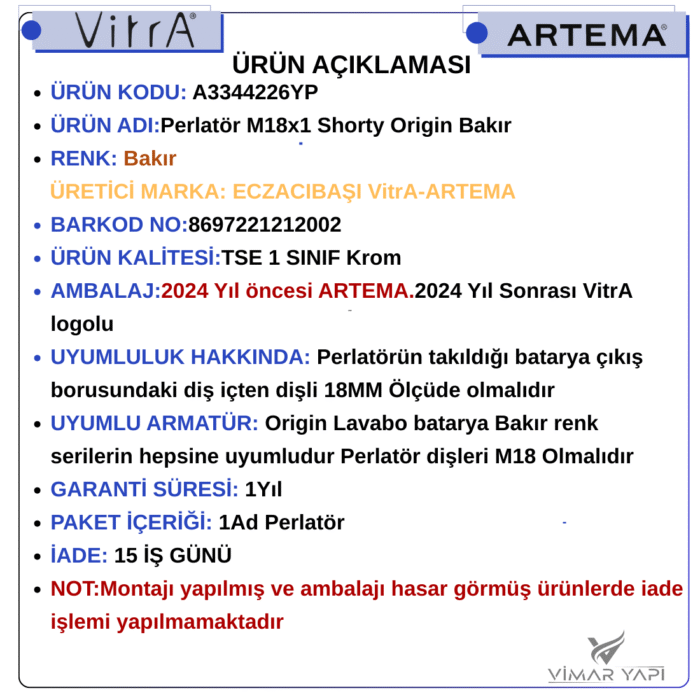 A3344226YP Perlatör M18x1 Shorty Origin Bakır - Görsel 5