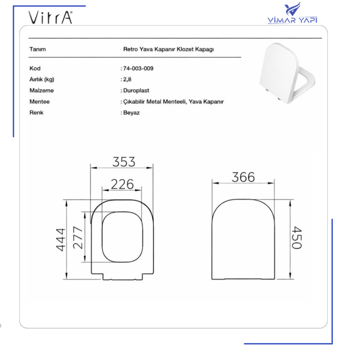 74-003-009 VitrA Retro Soft Close  Klozet Kapağı Beyaz - Görsel 4